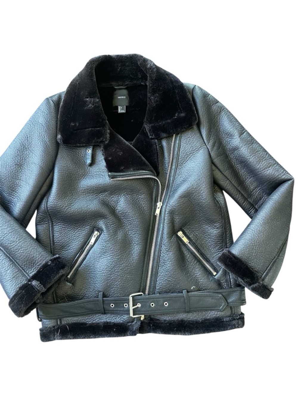 Black Faux Shearling Moto Jacket Excellent Condition Size Large